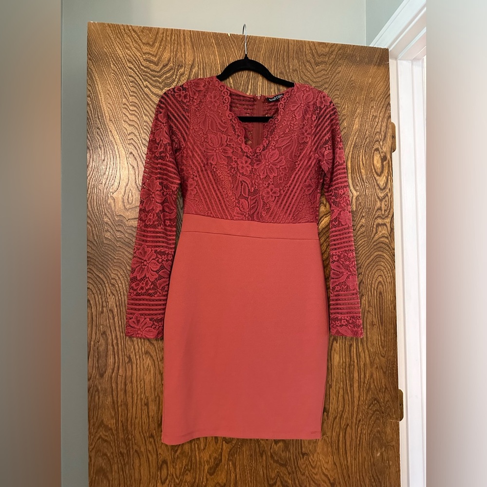 Mind Code Brick Red Lace Top Dress